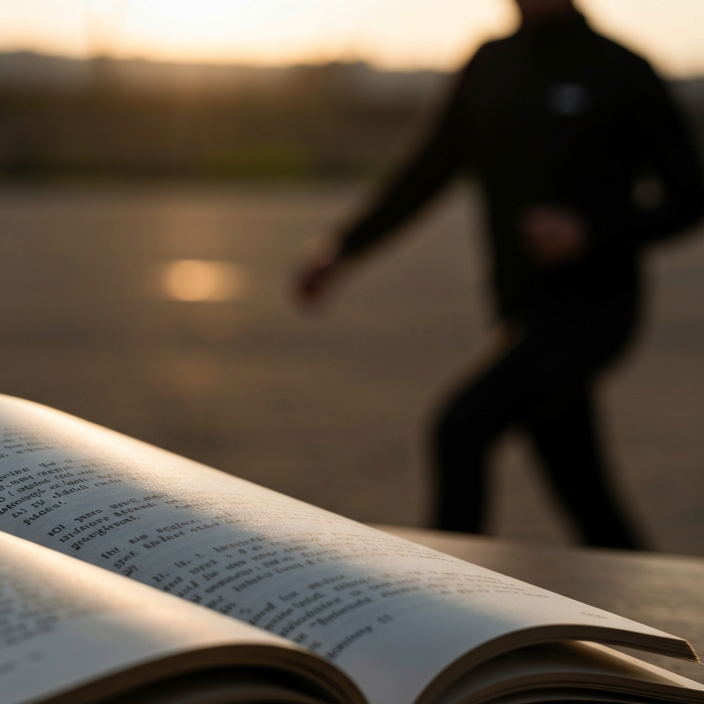 A close-up of a partially open book, revealing only a few words on the page. The background is blurred, creating a sense of mystery and intrigue. The lighting is soft and diffused, highlighting the texture of the paper and the ink.