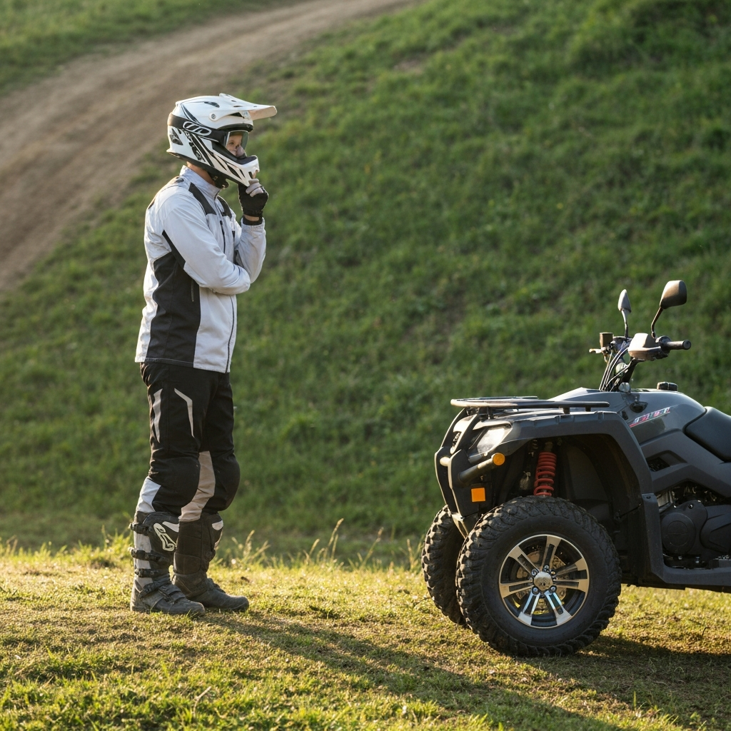 A rider wearing full safety gear standing at the base of a grassy hill, surveying the terrain with a thoughtful expression. Soft, diffused sunlight illuminates the scene, highlighting the textures of the grass and dirt. A modern ATV is parked nearby, its tires showing signs of light use.