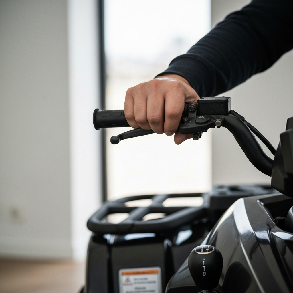A close-up shot of an ATV rider's hands gripping the handlebars, knuckles white with effort. The gear selector is visible, showing the ATV engaged in a low gear. The lighting is focused on the hands and controls, with a shallow depth of field creating a soft bokeh effect in the background.