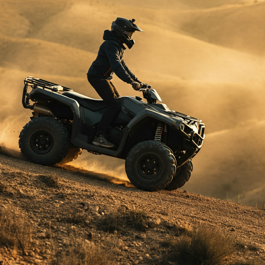 An ATV climbing a hill, with a side-view perspective showing the machine's suspension compressing under the strain. The lighting is warm and golden hour, highlighting the dust kicked up by the tires and the rugged texture of the terrain. The rider is a small figure in the frame, demonstrating the scale of the hill.
