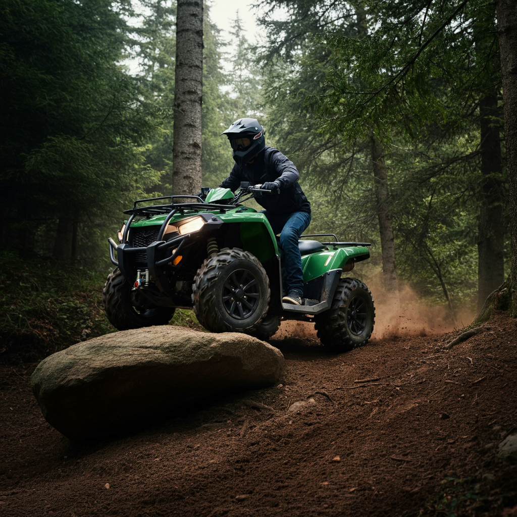 A rider skillfully maneuvering an ATV around a large rock on a hillside trail. The lighting is dappled, with sunlight filtering through the trees, creating a dynamic interplay of light and shadow on the terrain. The composition emphasizes the rider's control and the ATV's agility.
