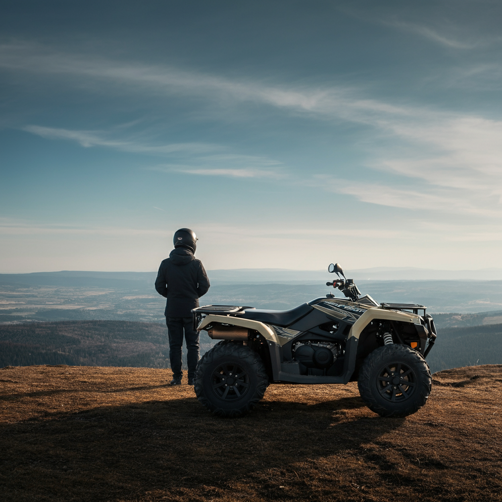 An ATV parked safely at the top of a hill, with a panoramic view of the surrounding landscape in the background. The lighting is bright and clear, showcasing the vastness of the scenery. The rider is standing beside the ATV, looking out at the view with a sense of accomplishment. The image conveys a feeling of adventure and exploration.