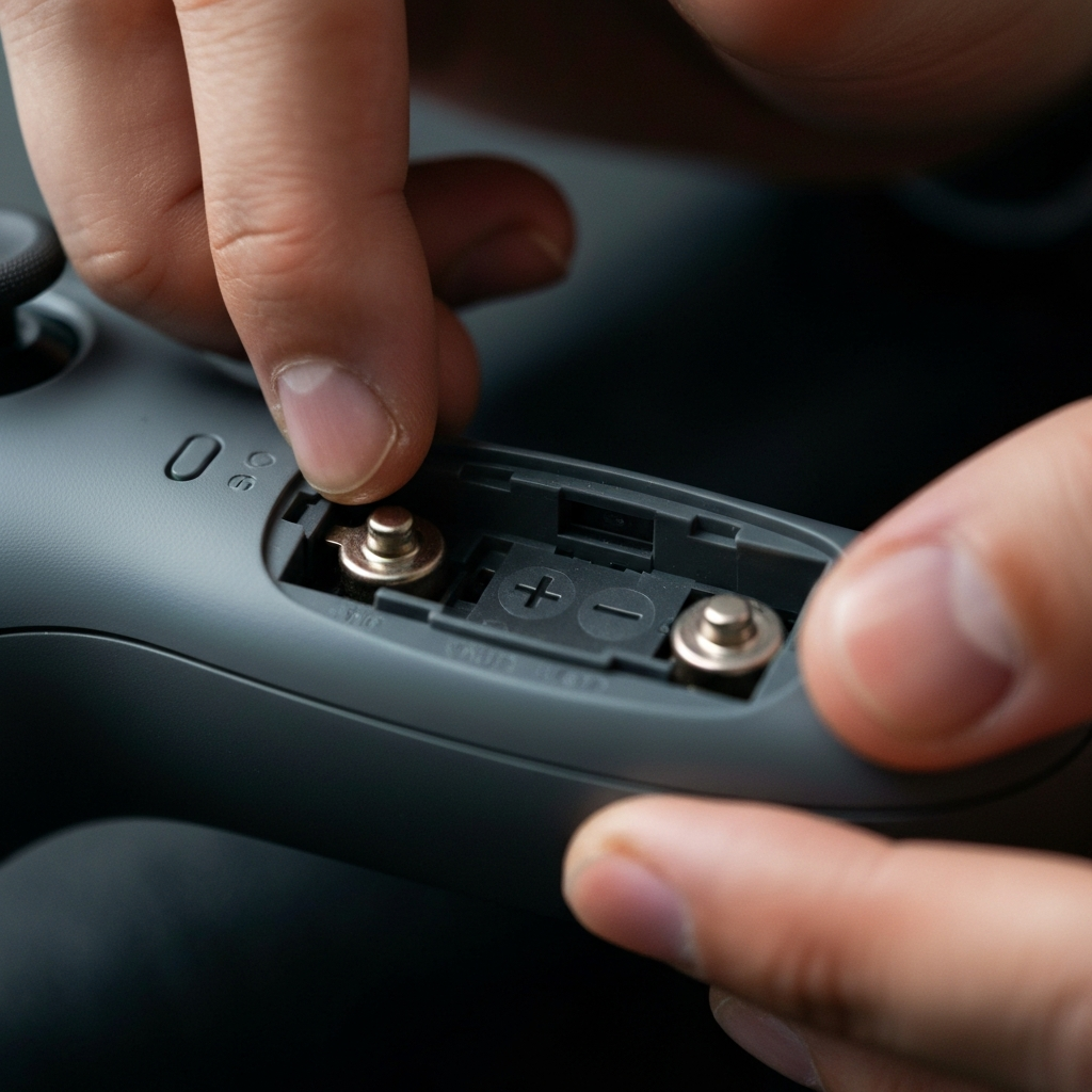 Close-up shot of a hand inserting AA batteries into an Oculus Quest controller. Focus is on the texture of the plastic and the metallic contacts inside the battery compartment. Soft lighting highlights the embossed + and - symbols.