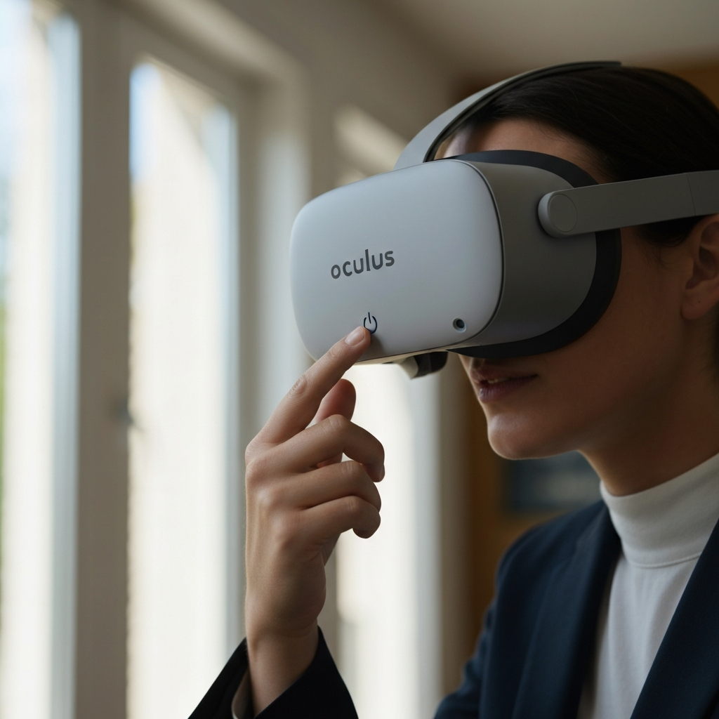A person gently pressing the power button on the side of an Oculus Quest 2 headset. The background is blurred, suggesting a home environment. Soft, natural light streams in from a nearby window.