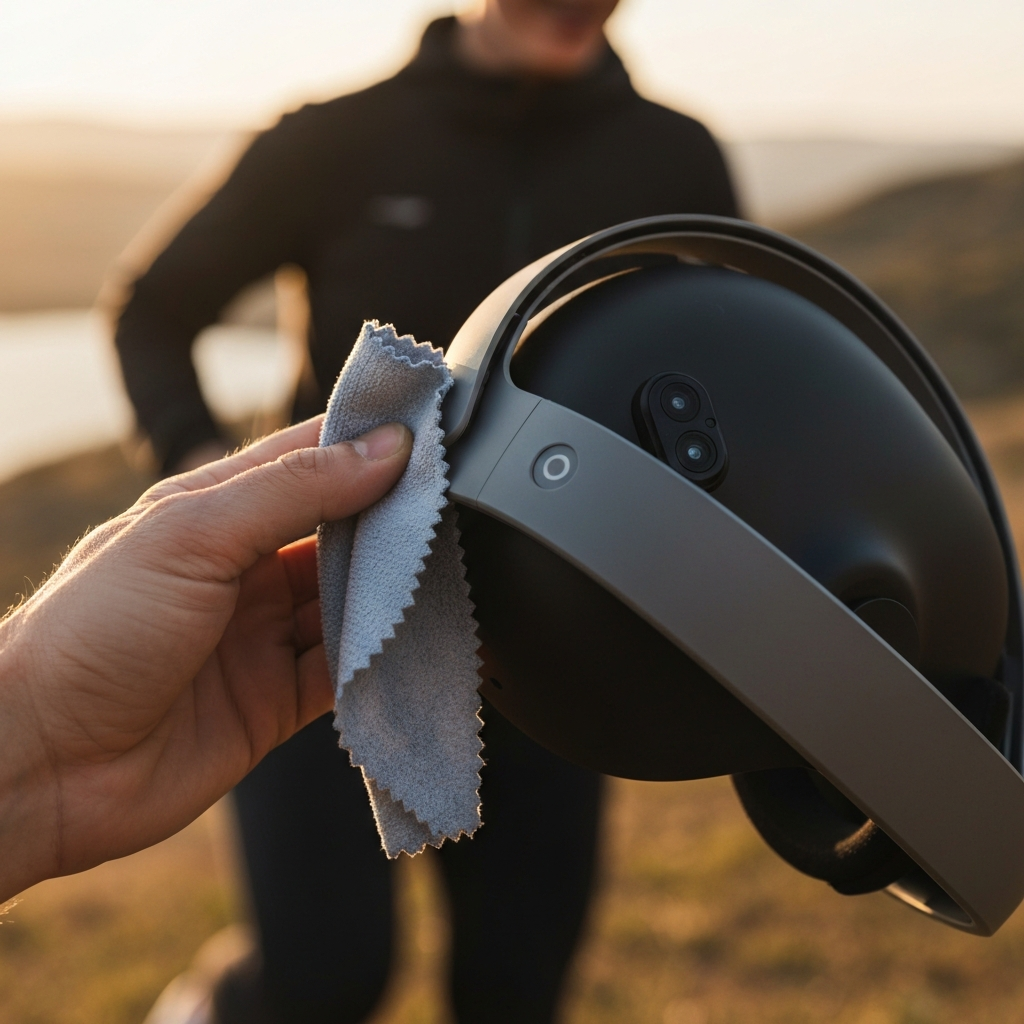 A close-up of the Oculus Quest 2 headset, with a hand gently wiping the tracking cameras with a microfiber cloth. The cloth is slightly blurred, emphasizing the cleanliness and softness. The lighting is diffused to prevent harsh reflections.