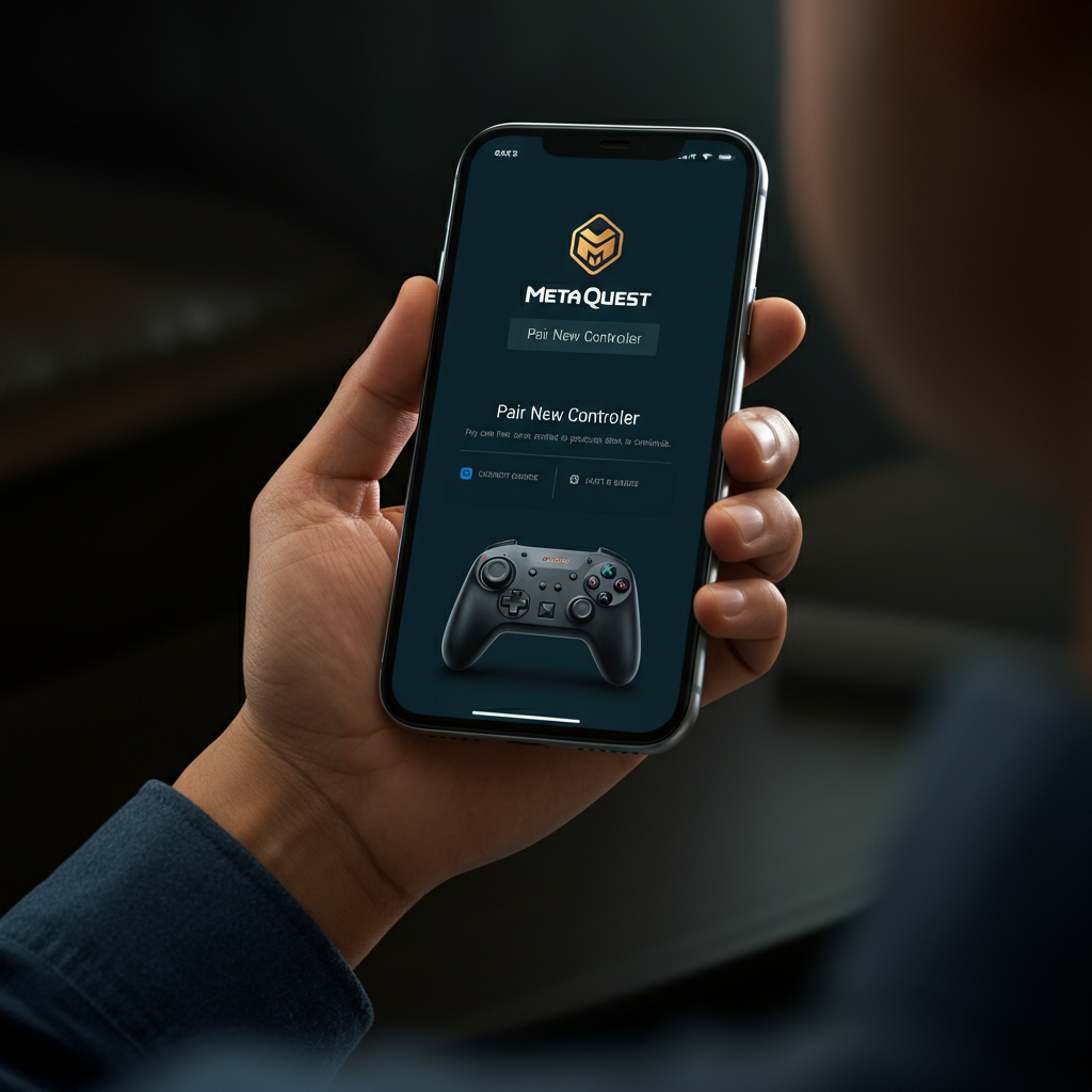 A person holding a smartphone displaying the Meta Quest mobile app. The app is showing the "Pair New Controller" screen. The lighting is soft and even, highlighting the phone's screen.