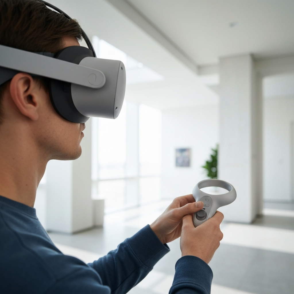 A person wearing an Oculus Quest 2 headset, navigating the settings menu to check for updates. The in-VR environment is bright and clean. The shot focuses on the headset and the controller in the person's hand.