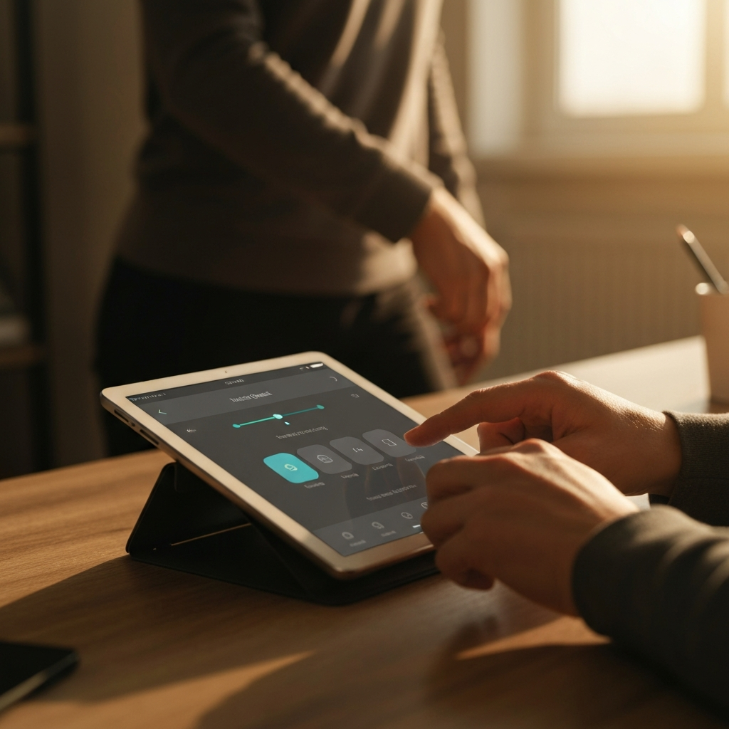 A person using a tablet to adjust the tracking frequency settings in the Meta Quest mobile app. The tablet is resting on a desk, and the room is lit with warm, natural light. The shot emphasizes the tablet's screen and the user's hands.