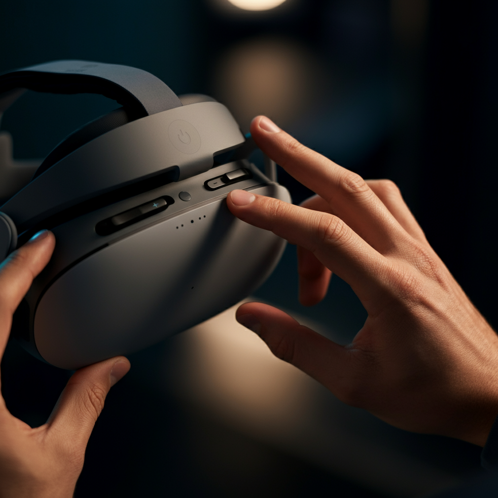 Hands pressing the Power and Volume Down buttons simultaneously on an Oculus Quest 2 headset. The headset is held firmly, and the focus is on the button interaction. The background is blurred, indicating a controlled environment.
