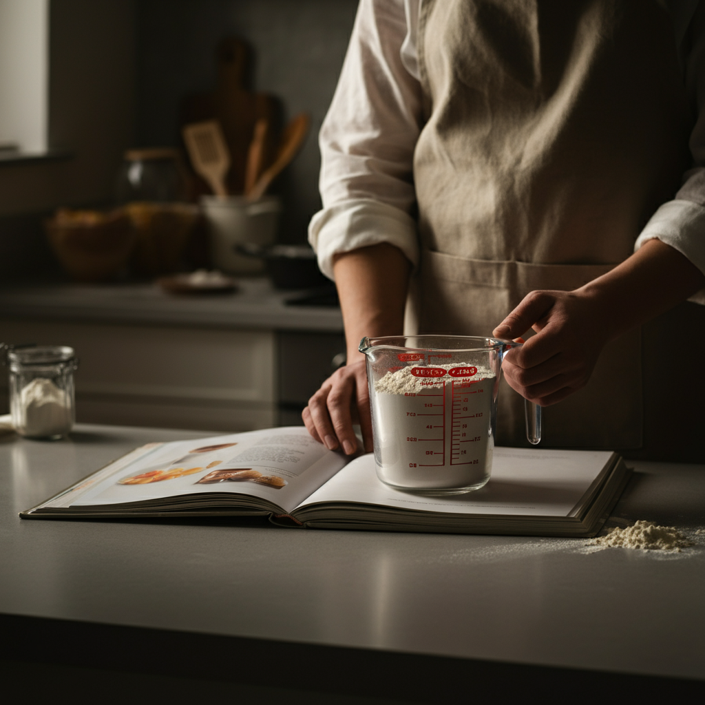 A brightly lit kitchen counter with a cookbook open next to a measuring cup filled three-quarters full with flour. Soft bokeh in the background shows baking utensils.