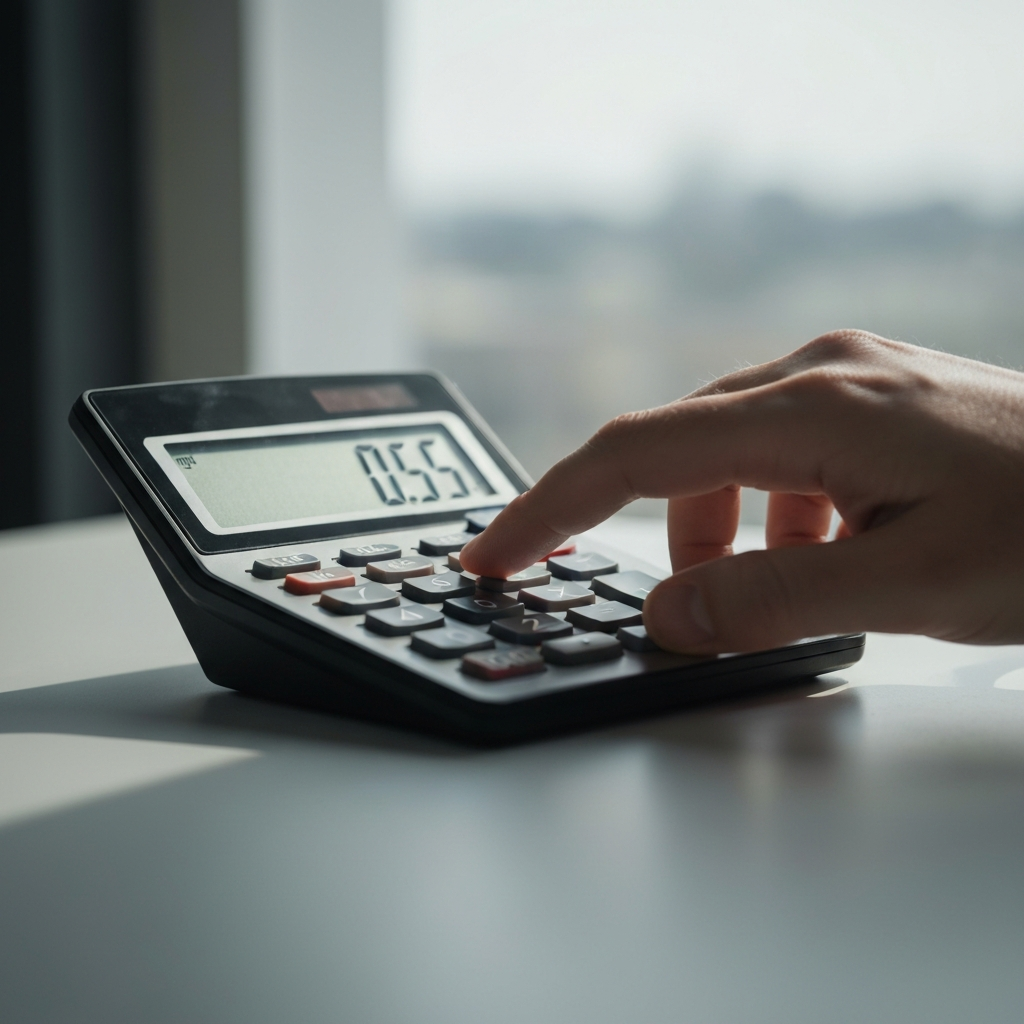 Close-up shot of a hand using a calculator to divide 3 by 4. The calculator display clearly shows "0.75". Natural light from a nearby window, side-lit textures on the calculator buttons.