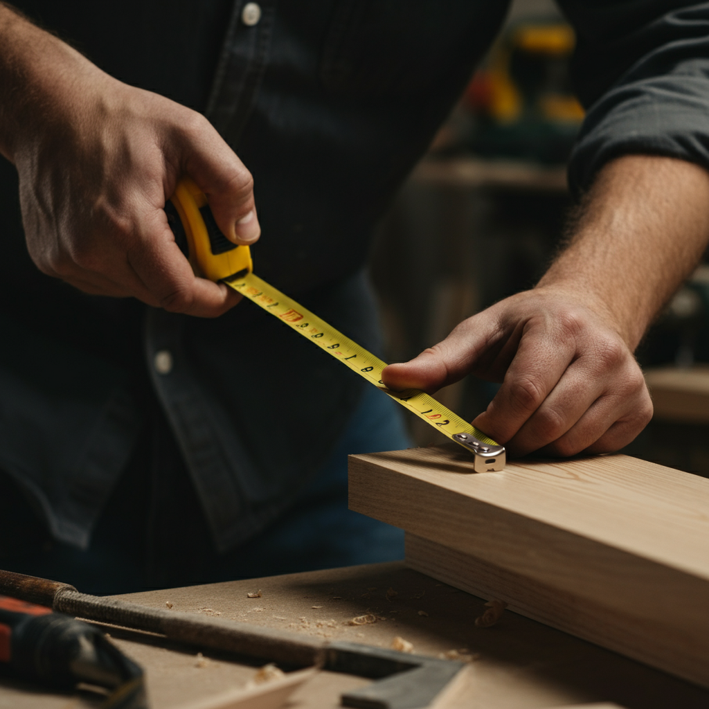 A carpenter measuring a piece of wood with a measuring tape. The tape measure shows a measurement around the 4.75 inch mark. Workshop environment with various tools visible in the background.