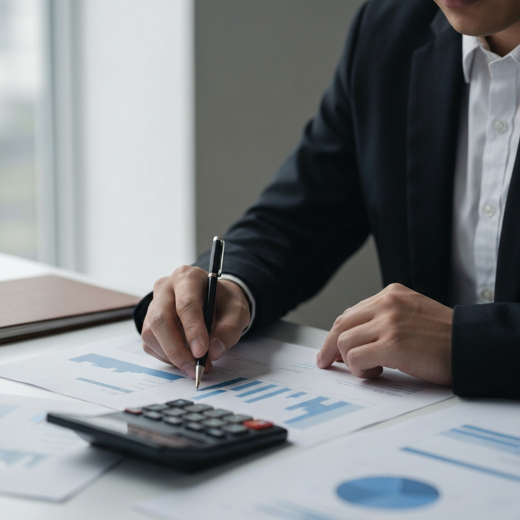 A person checking their work on a piece of paper with a calculator next to it. Soft, diffused lighting to minimize glare.