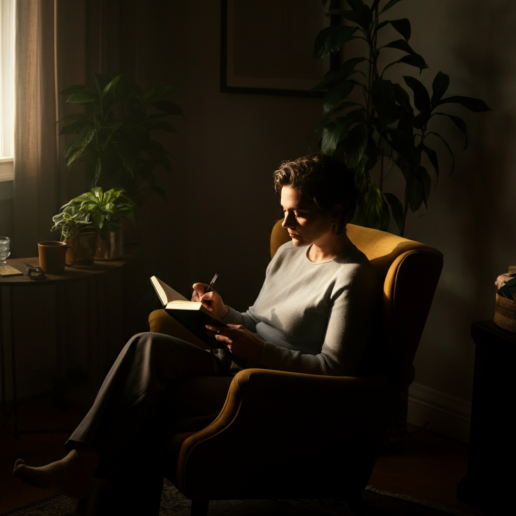 A person sitting in a comfortable armchair, bathed in soft, natural light from a nearby window, writing in a journal. The room is decorated with plants and personal items.