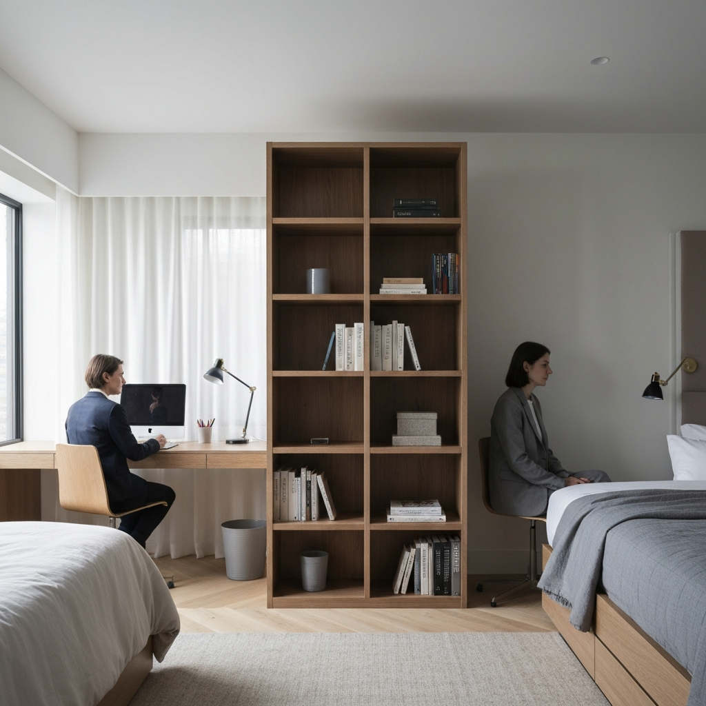 A stylishly decorated shared bedroom with a wooden bookshelf dividing the space. Soft bokeh creates depth, highlighting a desk on one side and a bed on the other.