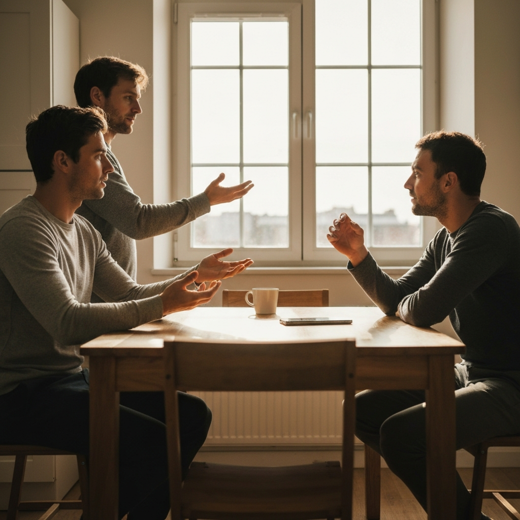 Two roommates having a respectful conversation at a kitchen table, sunlight filtering through the window. One is gesturing calmly, while the other listens attentively.