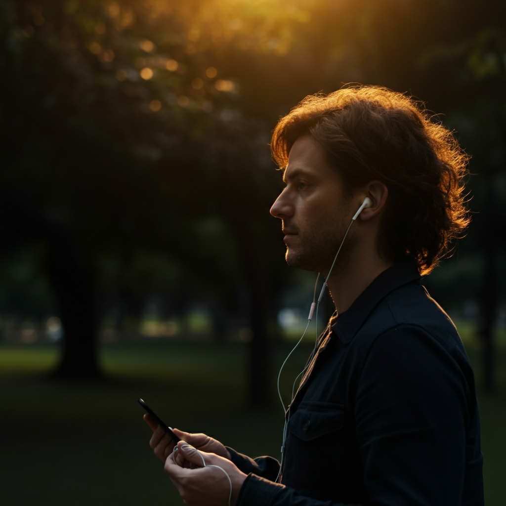 A person walking through a park bathed in golden hour lighting, listening to music through earbuds. Trees and foliage are visible in soft focus.