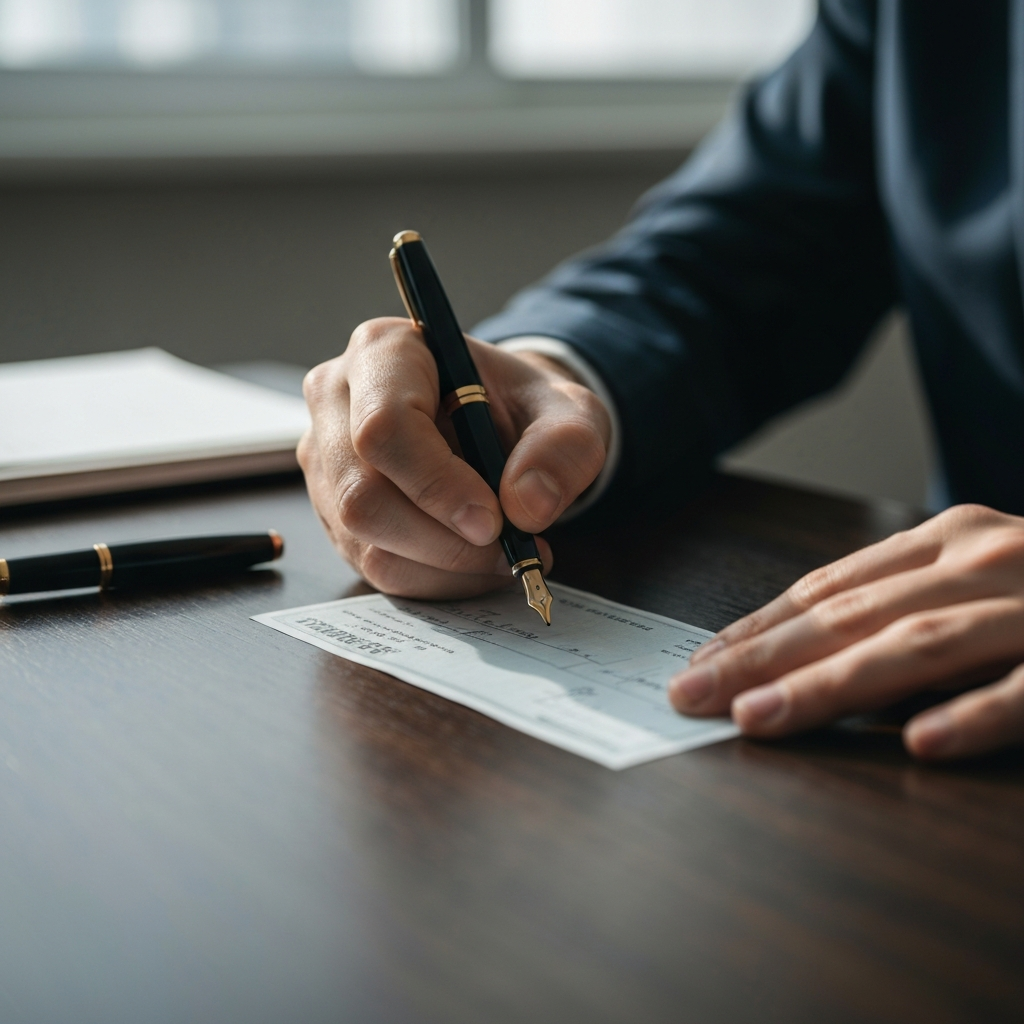 A close-up of a hand writing a check on a dark wooden desk, illuminated by soft natural light. The check is crisp and new, with a fountain pen resting beside it. The background is blurred with a soft bokeh effect.
