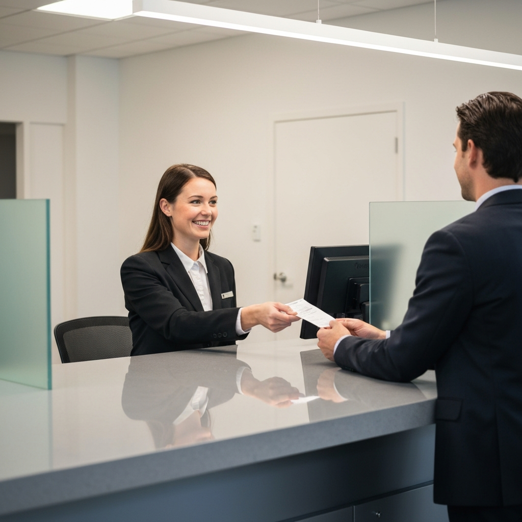 A brightly lit professional banking environment. A bank teller, dressed in business attire, is smiling as she hands a deposit slip to a well-dressed customer. The counter is clean and polished, reflecting the overhead lights.