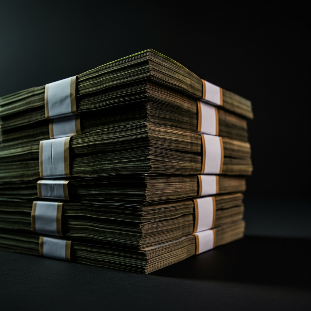 A side-lit texture shot of stacks of crisp $100 bills banded together. The lighting highlights the intricate details of the currency and the texture of the paper.