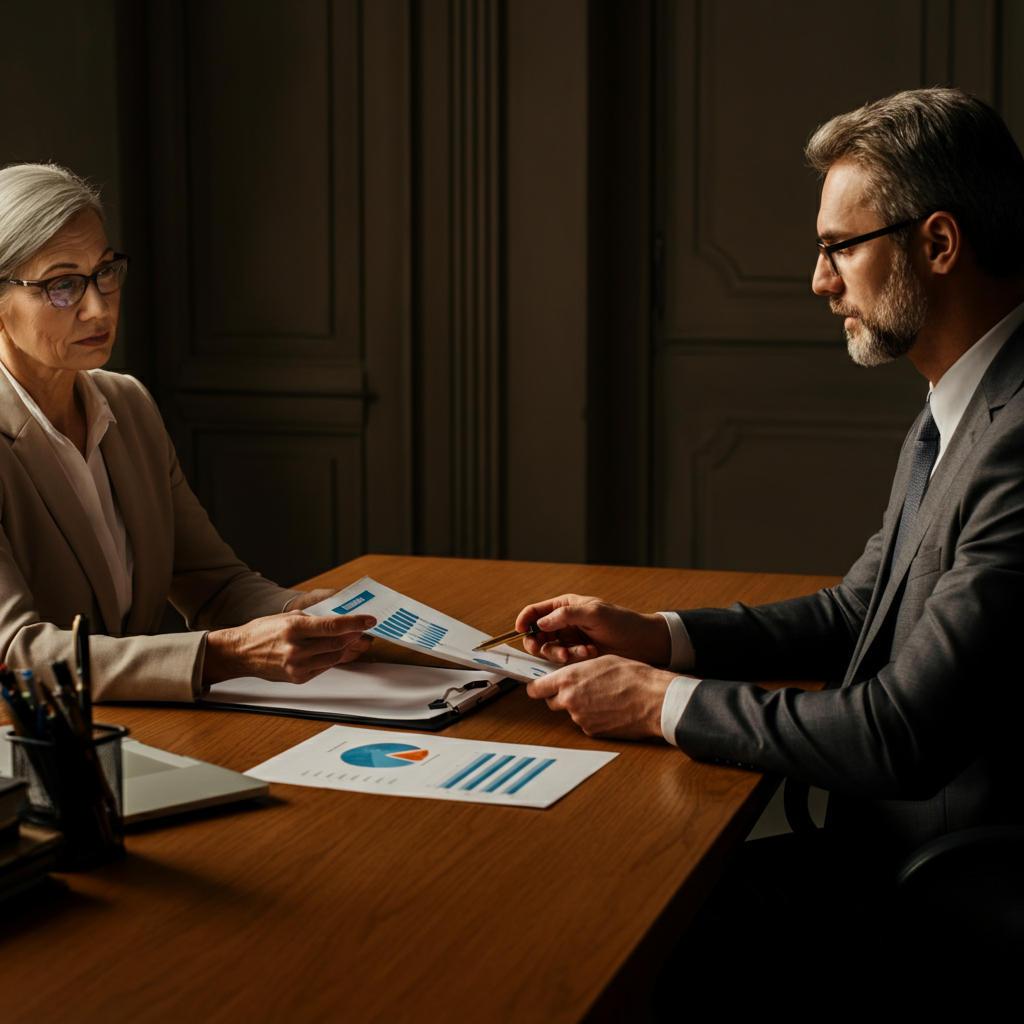 An older, distinguished financial advisor sits across from a younger client at a large oak desk. They are both reviewing a document with charts and graphs, illuminated by warm, golden hour lighting.