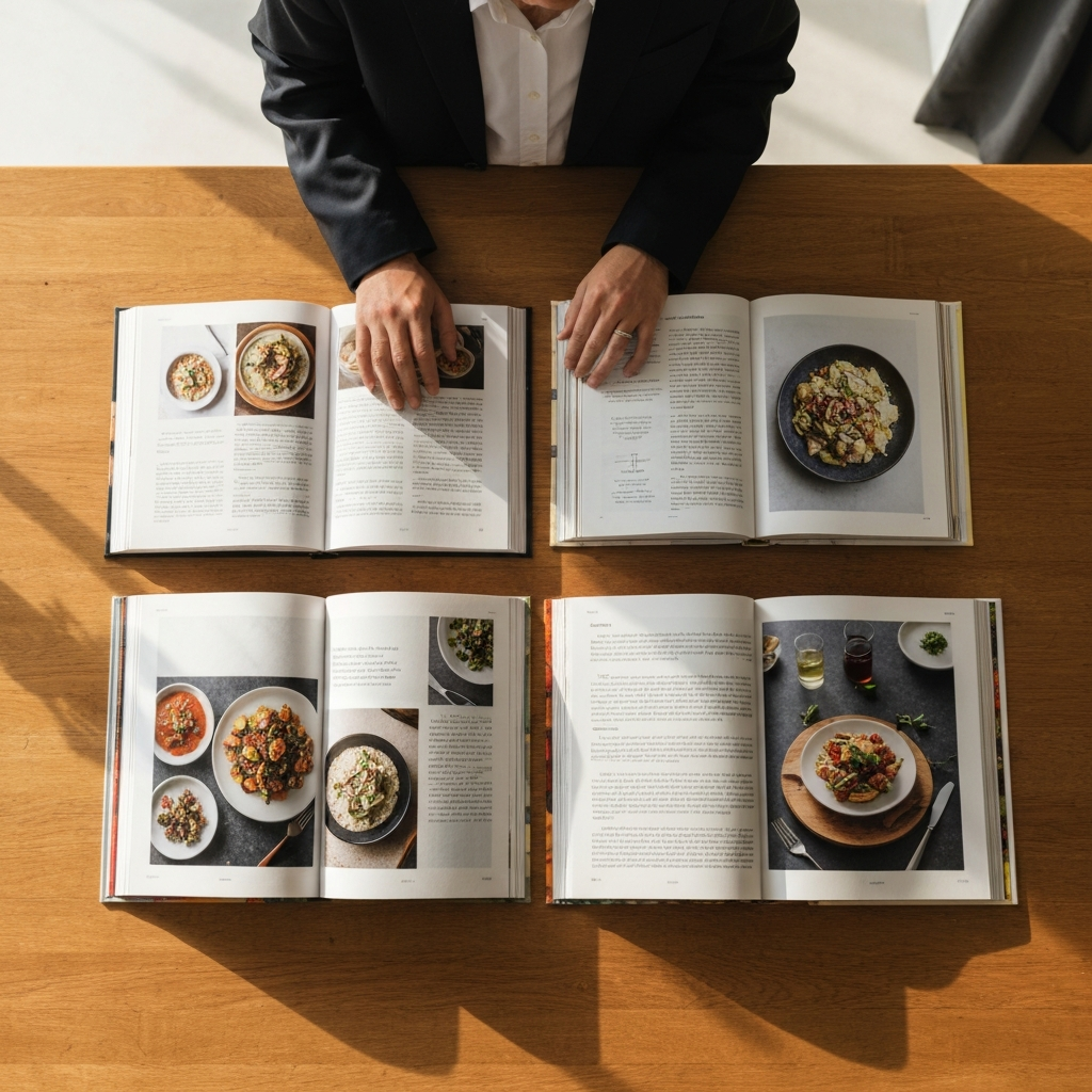Overhead shot of various cookbooks open on a wooden kitchen table, soft natural light streaming in from a nearby window, highlighting the textures of the paper and food photography. The spines of the books hint at different cuisines.