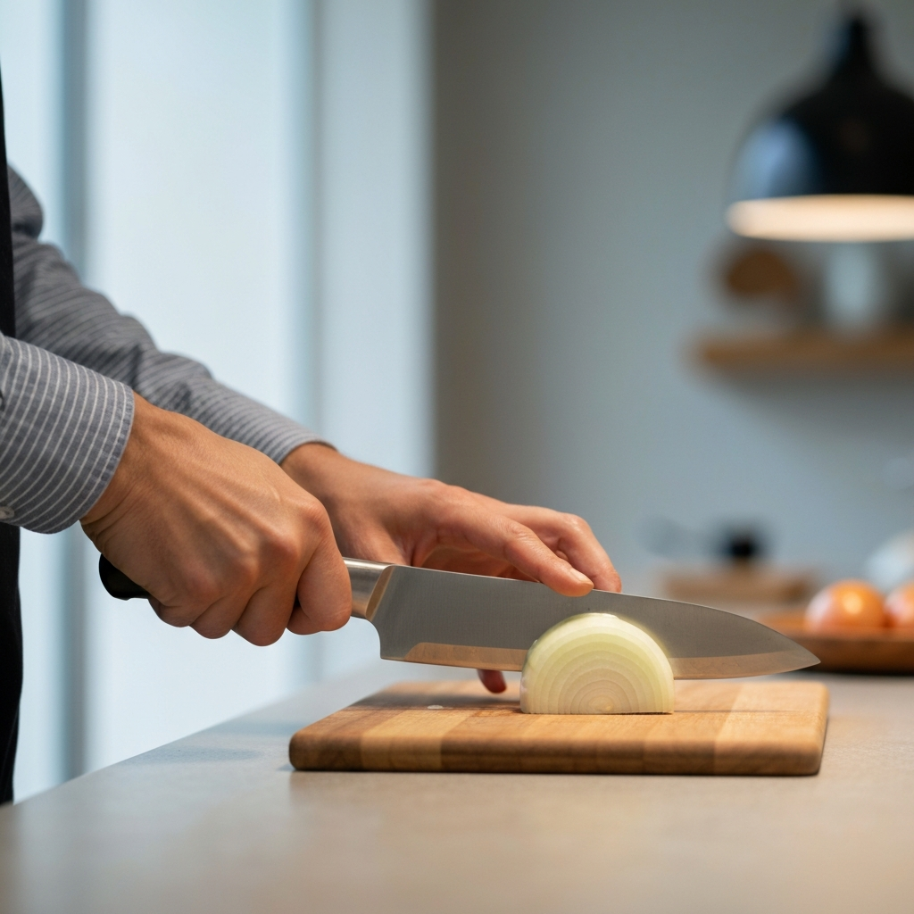 Close-up shot of hands demonstrating proper knife grip while dicing an onion on a wooden cutting board. The knife is sharp and reflects the overhead kitchen light. Soft bokeh in the background.