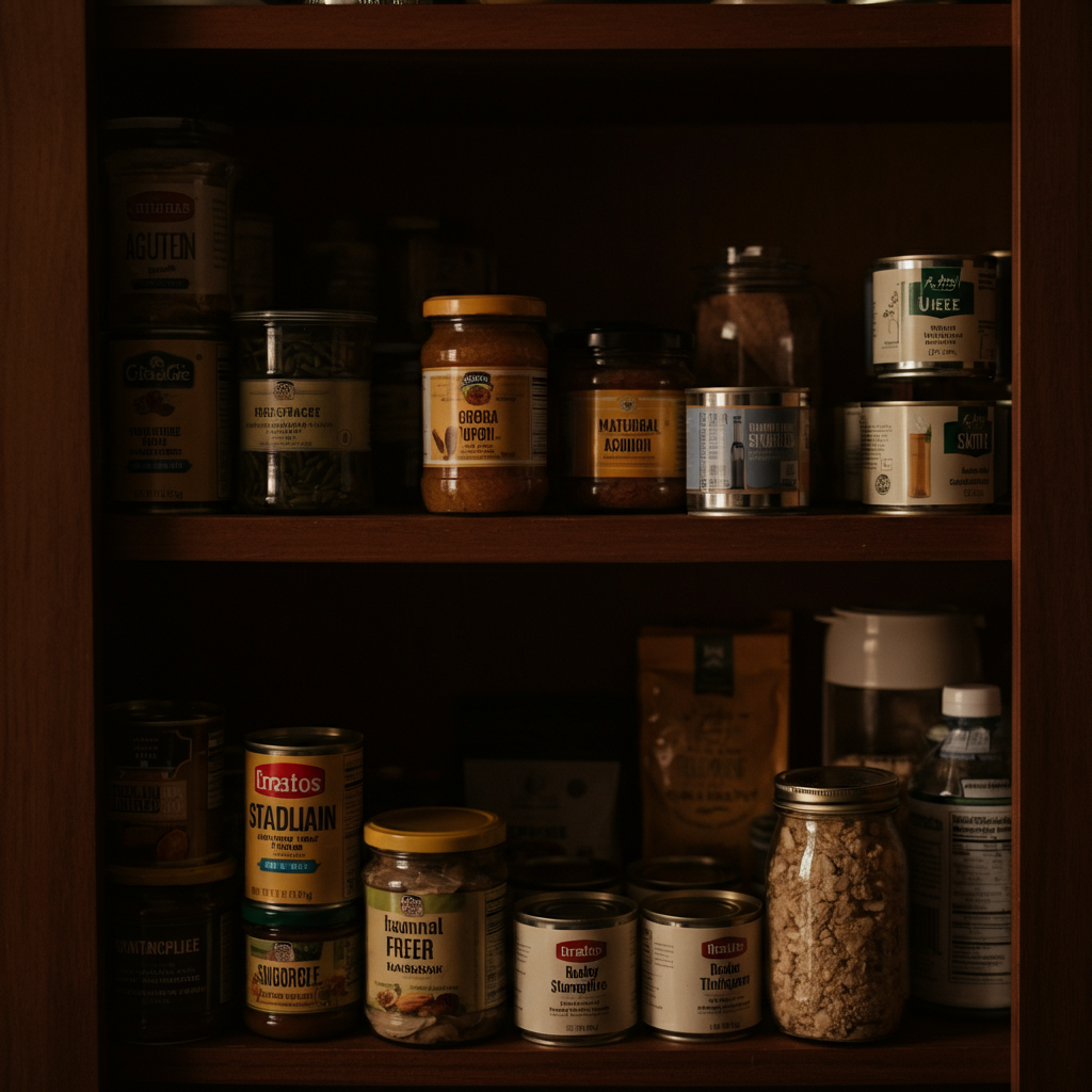 A well-organized pantry shelf filled with various jars, cans, and bottles. The labels are clearly visible, and the arrangement is aesthetically pleasing. Soft, diffused light highlights the different textures and colors of the ingredients.