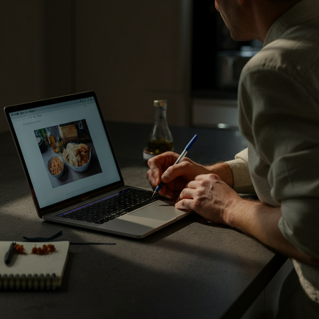 A person sitting at a kitchen counter, watching a cooking tutorial on a laptop. They have a notepad and pen nearby, taking notes. Natural light from a window illuminates the scene.