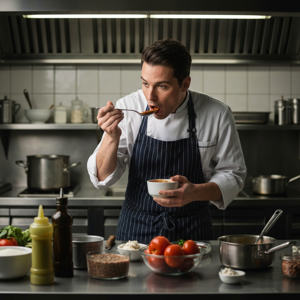 A chef in a professional kitchen, tasting a sauce from a spoon. They are surrounded by various ingredients and cooking equipment. The lighting is bright and focused.