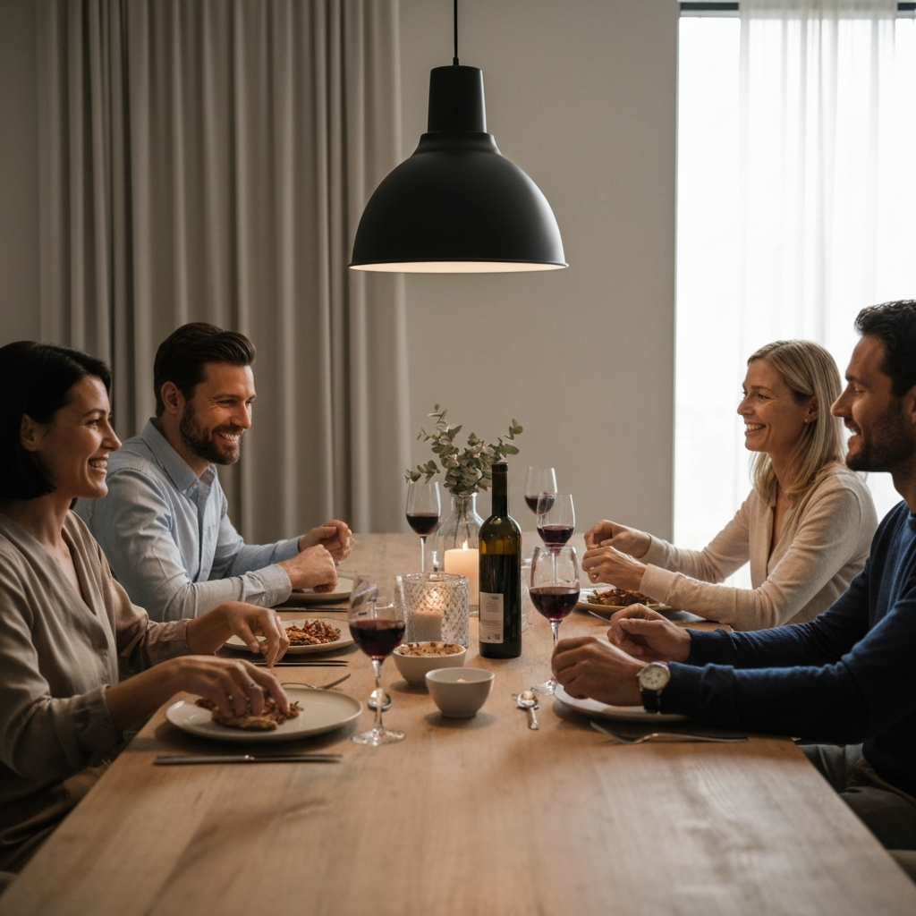 A beautifully set dining table with friends and family enjoying a meal together. The lighting is warm and inviting, creating a cozy atmosphere. Focus is on the smiles and interactions between people.