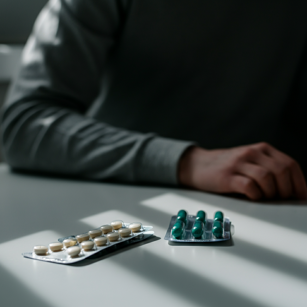 A close-up shot of blister packs of ibuprofen and naproxen sodium on a clean white countertop, bathed in soft, diffused light from a nearby window. Focus is on the pill names and dosages. Slight bokeh blurs the background.