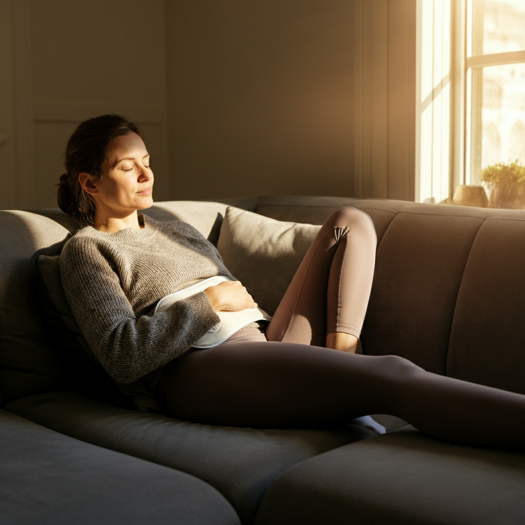 A woman, wearing a comfortable sweater and leggings, reclines on a couch with a heating pad on her abdomen. Golden hour lighting streams through the window, casting a warm glow on the scene. The focus is on the relaxed expression on her face.