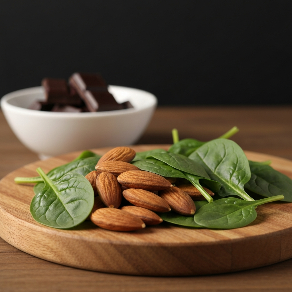 A handful of almonds and spinach leaves arranged on a wooden cutting board, with a blurred bowl of dark chocolate pieces in the background. Natural light emphasizes the textures of the food.