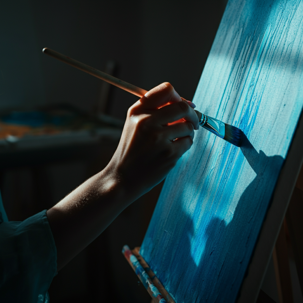 Close-up of a woman's hands holding a paintbrush, applying vibrant blue paint to a canvas. Soft, natural light streams in from a window, illuminating the textured surface of the canvas and the subtle color variations in the paint. Focus is on the tactile quality and the movement of the brush.