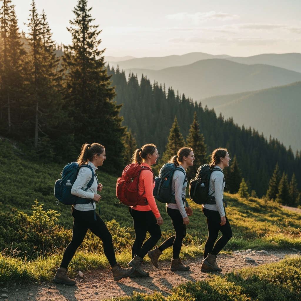 A group of women hiking on a mountain trail, side-lit by the sun. The trail winds through a lush green forest, with glimpses of a distant mountain range. They are wearing hiking boots and backpacks, and are laughing and talking as they walk.
