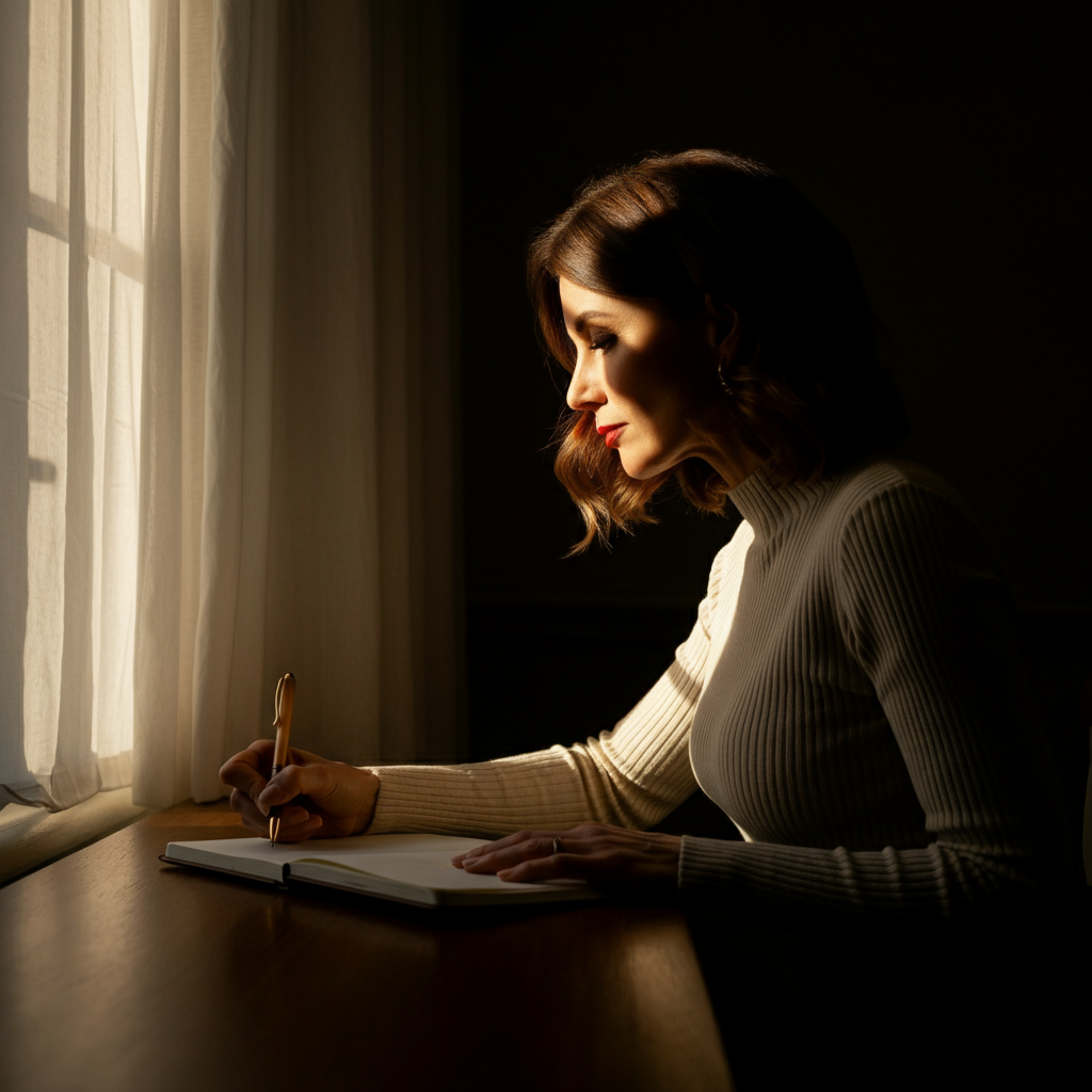 A woman sitting at a desk by a window, writing in a journal. Sunlight streams through the window, illuminating the page and casting a soft glow on her face. She has a thoughtful expression on her face, and a pen in her hand.