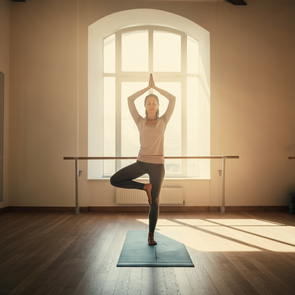 A woman in a yoga studio performing a tree pose, lit by soft, natural light coming through a large window. She is wearing comfortable yoga clothes, and her expression is serene and focused. The studio is clean and minimalist, with wooden floors and white walls.