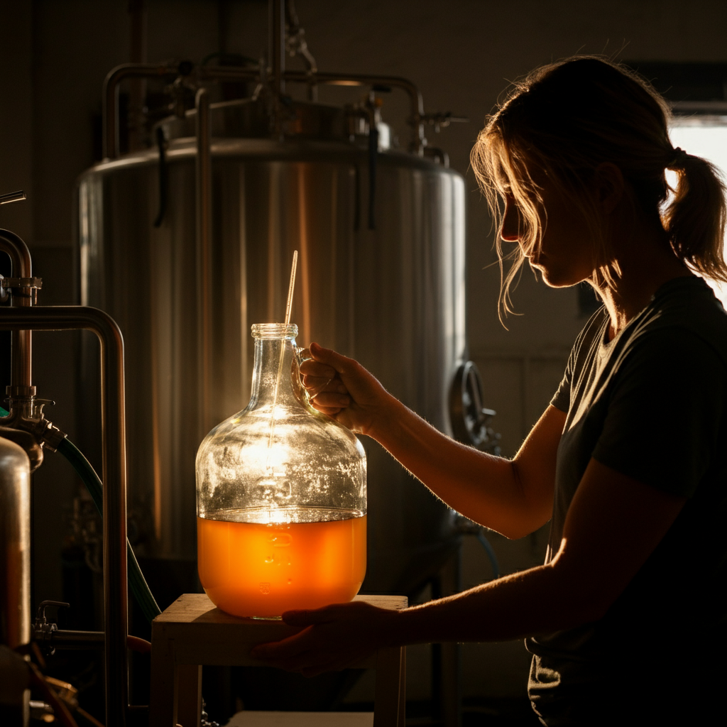 A woman checking the temperature of a wort in a glass carboy during the brewing process. The light is diffused, highlighting the condensation on the glass and the rich amber color of the liquid. The environment is clean and organized, with brewing equipment neatly arranged in the background.