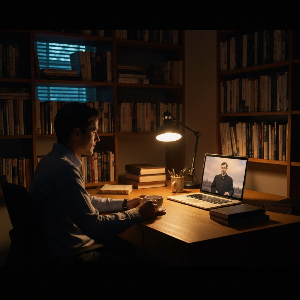 A dimly lit study. A person sits at a desk illuminated by a single lamp, engrossed in a historical documentary playing on a laptop. The room is filled with the warm glow of the screen reflecting on their face. Bookshelves line the walls, adding depth to the scene. Close-up on hands holding a cup of tea.