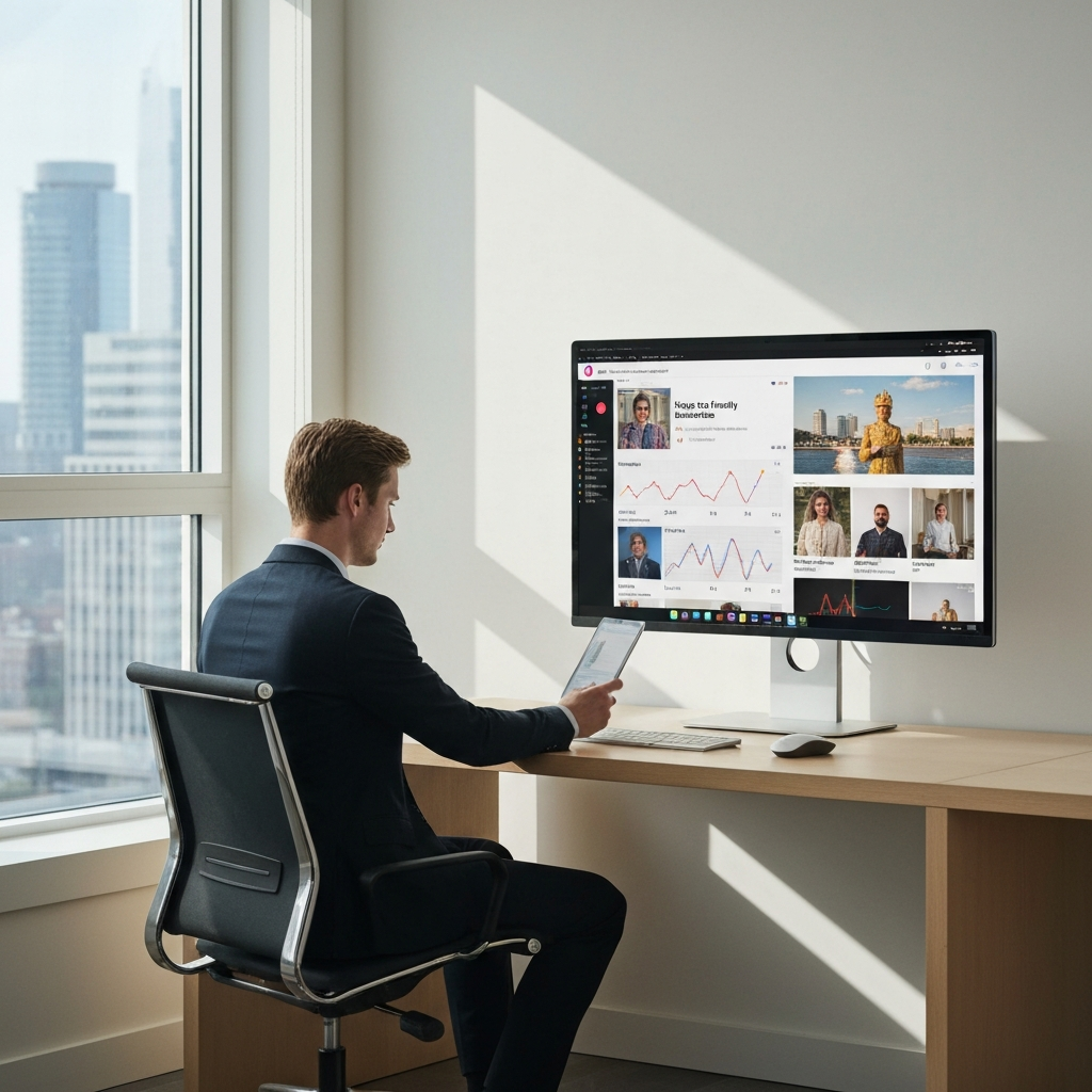 A bright, modern office space. A young professional reviews social media analytics on a large monitor displaying the Royal Family's Instagram feed. Soft daylight streams in through a window overlooking a city skyline. A clean, minimalist aesthetic prevails.