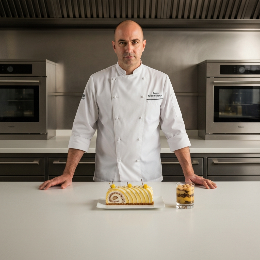 A professional chef stands in a state-of-the-art kitchen, presenting a perfectly crafted Lemon Swiss Roll and Amaretti Trifle on a pristine white counter. Stainless steel appliances gleam in the background under soft, diffused lighting. Focus is on the delicate textures and vibrant colors of the dessert.