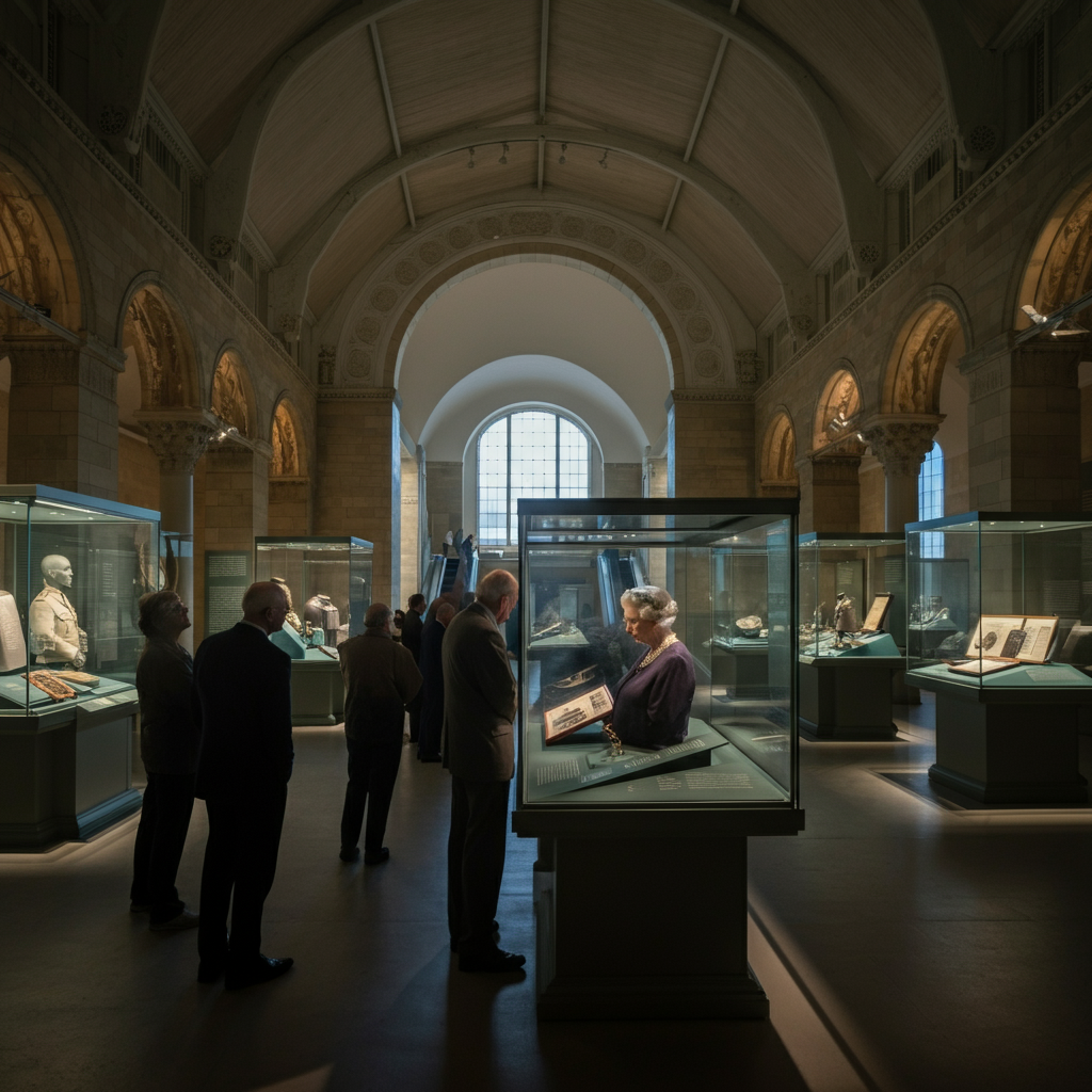 A wide shot of the Imperial War Museum's interior. A diverse group of visitors is observing a display case containing historical artifacts related to Queen Elizabeth II's service during World War II. Natural light filters through the large windows, creating a contemplative atmosphere.