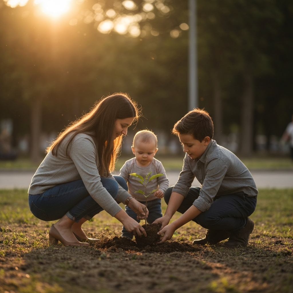 Golden hour lighting on a young family planting a small sapling in a public park. The image captures the soft textures of the earth and foliage, with a gentle bokeh effect in the background. All family members are dressed appropriately and respectfully.