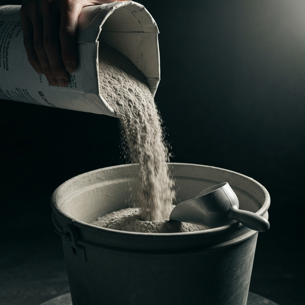 A close-up shot of cement powder being poured from a bag into a mixing bucket. Soft, directional lighting highlights the texture of the powder and the inside of the bucket. A scoop rests nearby.