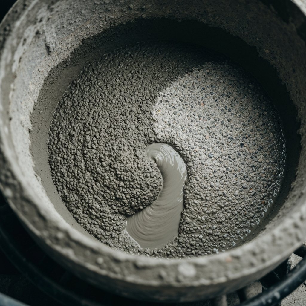 A partially mixed batch of concrete inside a rotating concrete mixer. The lighting is natural and diffused, showing the different textures of the aggregate, cement, and water blending together.