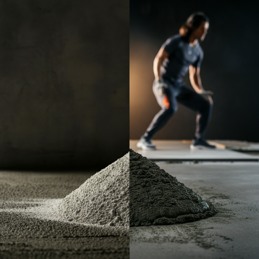 A side-by-side comparison of a small pile of dry cement powder next to a poured concrete slab. The concrete slab is slightly blurred in the background, providing context but keeping the focus on the cement.