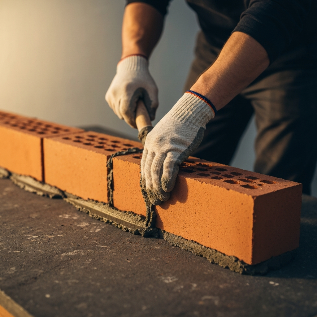 A bricklayer applying mortar (made with cement) between bricks, creating a clean, straight line. The bricklayer is wearing gloves and safety glasses. Soft golden hour lighting on the bricks.