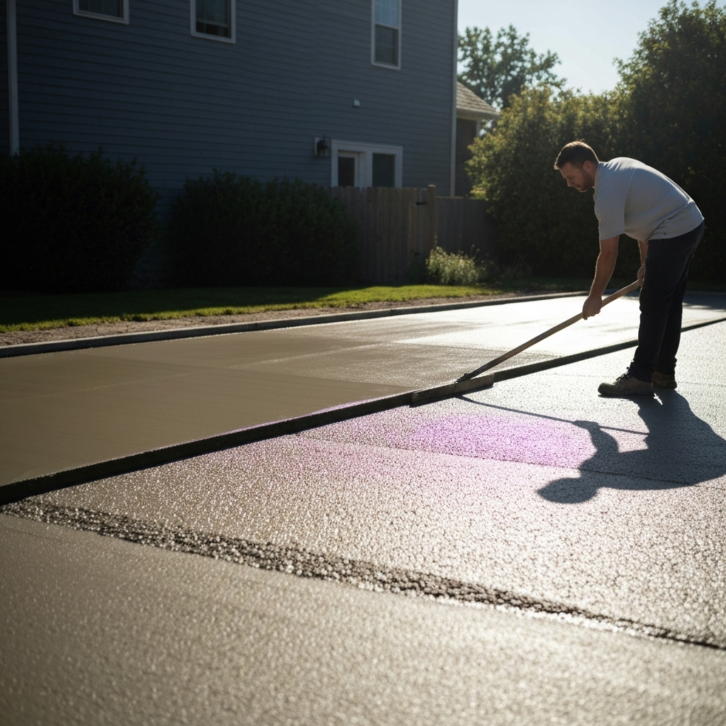 A newly poured concrete driveway, perfectly smooth and level. A worker is using a long, flat tool to ensure an even surface. The sun is slightly overhead, casting minimal shadows.