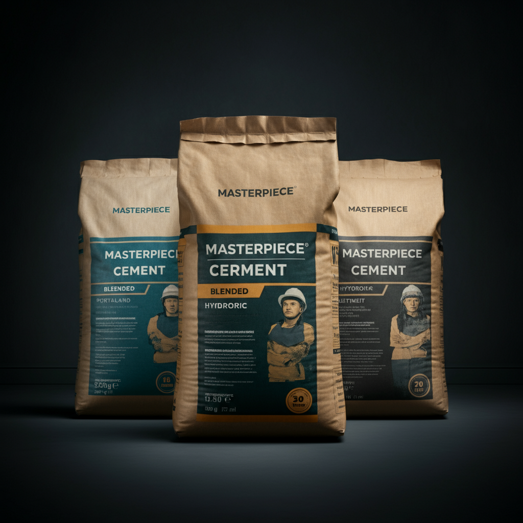 Three separate bags of different types of cement (Portland, blended, and hydraulic) arranged side-by-side. Each bag is clearly labeled, and the lighting is bright and even.